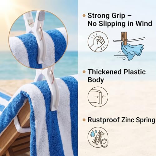 Amyhill 12 Pack Beach Towel Clips Extra Large 6.3 Inch Pool Towel Clips for Chairs Pool Cruise Pontoon Boat Jumbo Windproof Heavy Duty Blanket Clamps Holder for Clothes Pegs Hanging Outdoor, White