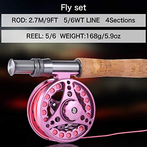Sougayilang Fly Fishing Rod Reel Combos with Lightweight Portable Fly Rod and CNC-machined Aluminum Alloy Fly Reel,Fly Fishing Complete Starter Package - color: Fly Fishing Full Kit 5-6#-Pink