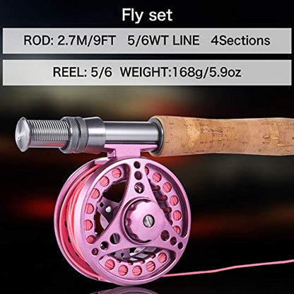 Sougayilang Fly Fishing Rod Reel Combos with Lightweight Portable Fly Rod and CNC-machined Aluminum Alloy Fly Reel,Fly Fishing Complete Starter Package - color: Fly Fishing Full Kit 5-6#-Pink