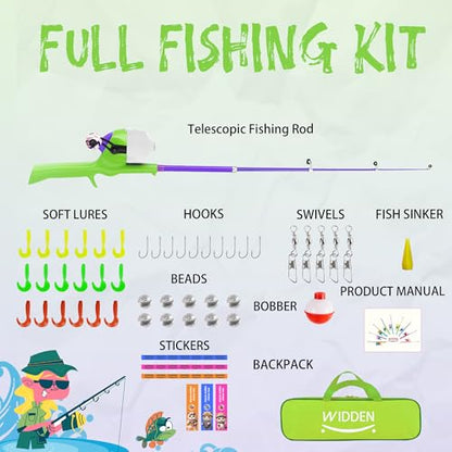 Kids Fishing Pole, Telescopic Fishing Rod, Toddler Collapsible Fishing Rod and Reel Combo with Tackle Box, Fishing Line, Bobber, and Soft Lures for Boy, Girl, Youth, Beginner, Over 4 Years Old - color: Vital Green& Starry Purple