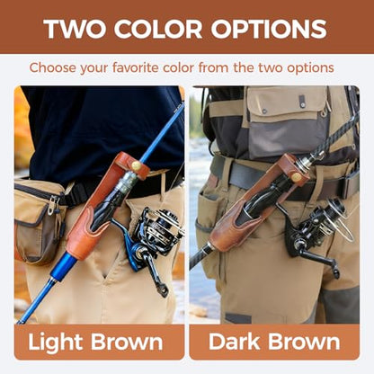 Brown Leather Fishing Rod Holster | Single Slot Belt Mount Carrier for Surf Fishing & Wading | Hands-Free Compatible with Fly Reels and Spinning Reels - color: Dark Brown