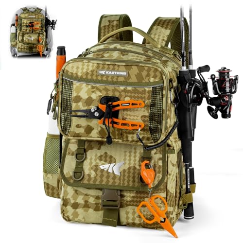 KastKing BaitSpace Fishing Tackle Backpack with Removable Bait Binder,2 Rod Holders Storage Fishing Gear and Equipment - color: H: Khaki Camo, size: Without tackle box
