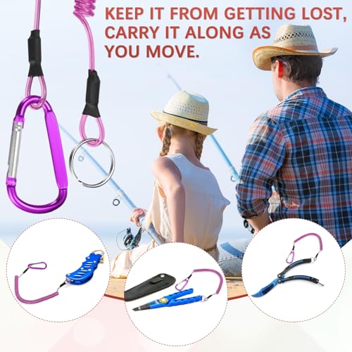 16.54IN Retractable Safety Coiled Lanyard [3PCS] - Steel Wire Fishing Rod Safety Lanyard Use for Pliers Boating - color: Purple