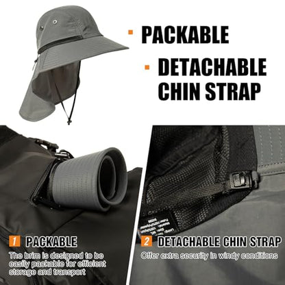 Oversized XL XXL Mens Sun Hat Big Head Neck Flap Shade Waterproof UPF50+ Wide Brim Hat Fishing Safari Hiking - color: Dark Grey, size: Large-X-Large