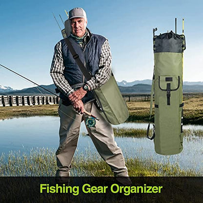 DONQL Fishing Rod Bags, Outdoor Fishing Pole Case, Multifunction Camping Portable Travel Carry Cases Backpack, Fishings Rod and Reel Case Holds 5 Poles & Rig Tackles, Fishings Gift for Men - color: Dark Green