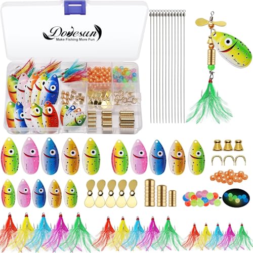 Dovesun Fishing Lure Making Kit DIY Spinner Making Kit, Inline Spinner Baits for Bass Fishing Trout Salmon Freshwater Gift for Men 228pcs/155pcs/107pcs - color: A-228PCS-Smile Blades-Inline Spinners Making Kit