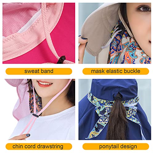 Women Wide Brim Face Mask Sun Hat Detachable Neck Face Flap Ponytail UV Protection Visor Hat Garden Fishing Hiking - color: M9099-navy