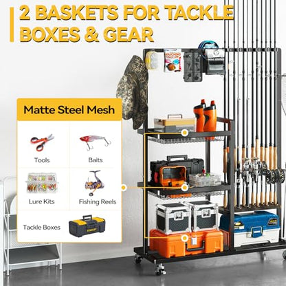 SOYEEZE Fishing Rod Holders for Garage, Fishing Pole Rack-360 Degree Rotating, Floor Stand Fishing Rod Storage Holds Up to 12 Rods, Space-Saving Pole Organizer with Unique Hook & Basket Design