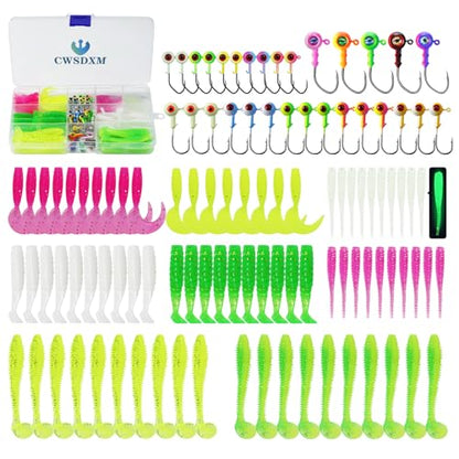 120pcs Fishing Crappie Lures -70pcs Jig Heads Hooks Kit,Small Soft Plastic Grub Lure, Tube Bait Jig Heads for Saltwater Freshwater Fishing - size: 110 pieces (30 Jig Heads + 80 Soft Baits)