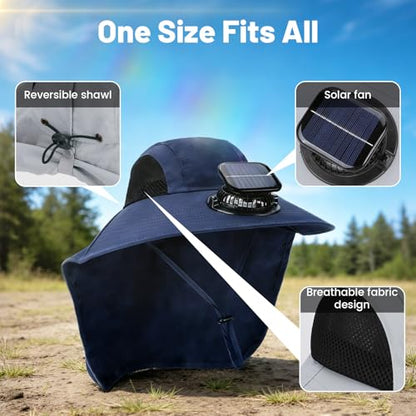 Solar Fan Hat Wide Fishing Hat Breathable Neck Flap Bucket Hats Outdoor Sun Hats for Men Women with USB Charging - color: Navy Blue