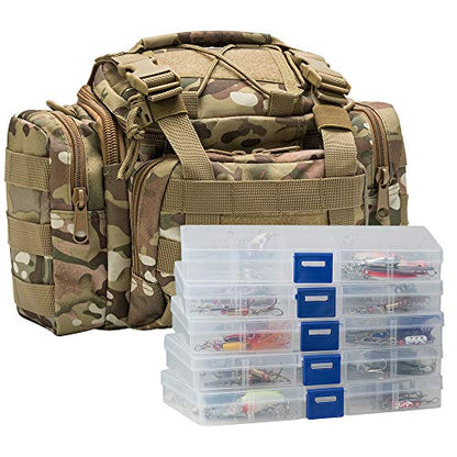 Dr.Fish Fishing Tackle Bag 5 Boxes with 60 Lures Included Loaded Stocked Tackle Box Set Spinner Lures Kit Freshwater Gear Equipment - color: Camo Bag, 11.4*4.9*7.9’'
