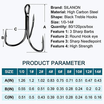 Fishing Red Treble Hooks- 80/120pcs Sharp Round Bend Barbed Treble Hook High-Carbon Steel Triple Hooks for Bass Trout Saltwater Freshwater Size 1/0 1 2 4 6 8 10 12 14 - color: BLACK, size: 120PCS-4#