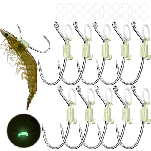 KANAMA Luminous Live Shrimp Hooks - High Carbon Steel Fishing Hooks Saltwater Corrosion Resistant Barbed Strong Hooks Freshwater Shrimp Walker, Ideal for Bass, Groupers, Pike, Catfish & More - size: L ×10