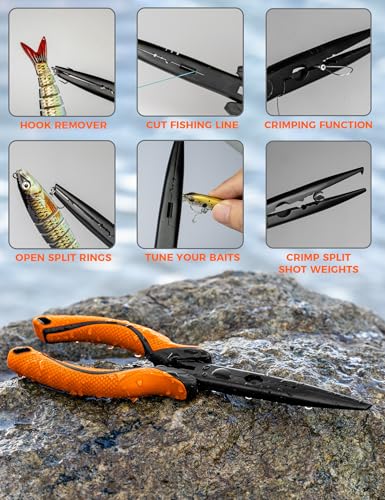 5PC Fishing Tool Kit - Fillet Knife, 2PC Fishing Pliers,Fishing Braid Scissors and Fish Lip Gripper, Fishing Gear for Fly Fishing, Ice Fishing - color: 5PC+Orange