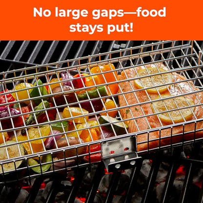 Adjustable Grill Basket with Removable Handle – 4 Height Levels for Vegetables, Meat, Fish & More – Locking Lid - Basting Brush, Scrub Sponge & Storage Bag for Outdoor Cooking - size: Adjustable w/ Sponges