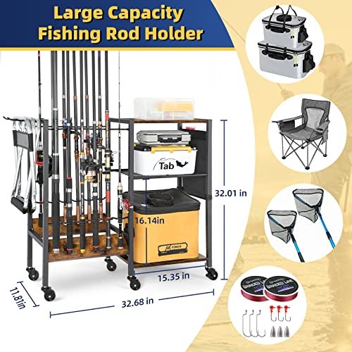 Olakee Fishing Rod Holders, Rolling Fishing Rod Rack for Garage & Boat, Tackle Box & Reel Holder Cart, Easy Assembly Fishing Gear Management System, Ideal Birthday Gift for Men Dad Anglers - color: 12 Rods,Carbonized Black