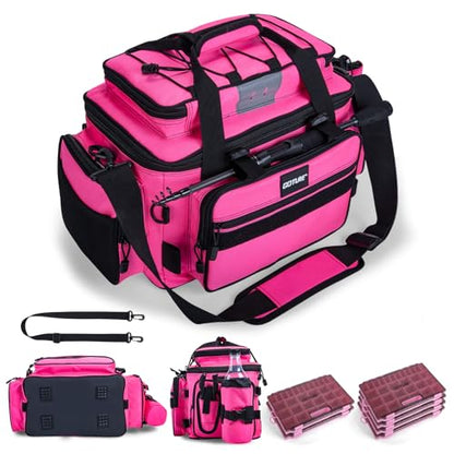 Goture Fishing Tackle Bag with 4pcs 3700 & 2pcs 3600 Tackle Boxes, 600D Water-Resistant Soft Side Saltwater Gear Storage Fishing Bag with Rod Straps, Detachable Water Bottle Pouch, Waterproof Bottom - color: C3:Pink with (4)3700&(2)3600 Tackle Boxes, size