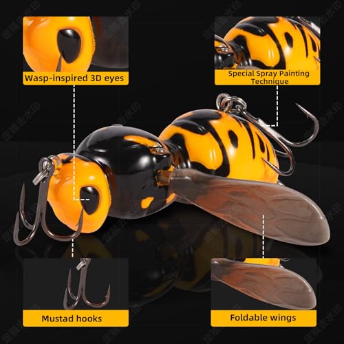 FONMANG Top Water Fishing Lures, 3-Pcs Topwater Lures for Bass Walleye Pike, 2025 New Wasp Crawl Bait for Freshwater and Saltwater - color: 3 Plated Color Wasp Topwater