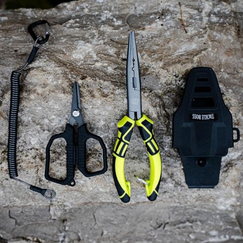 Tackle Boss Outlaw Fishing Pliers & Tool Set – 7.5" Stainless Steel Fishing Pliers, Braid Scissors, Hook Remover & Line Cutter with Holster and Lanyard, Freshwater & Saltwater Fishing Gear - color: Yellow