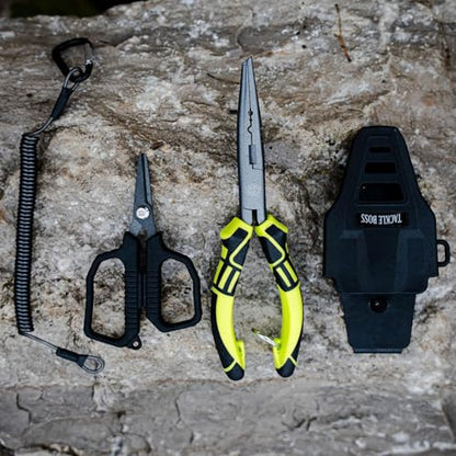 Tackle Boss Outlaw Fishing Pliers & Tool Set – 7.5" Stainless Steel Fishing Pliers, Braid Scissors, Hook Remover & Line Cutter with Holster and Lanyard, Freshwater & Saltwater Fishing Gear - color: Yellow