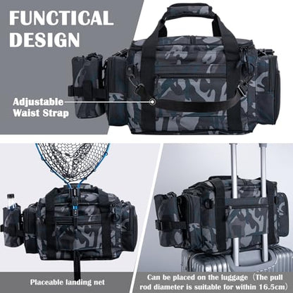Goture Fishing Tackle Bag,Store Up to 4PCS 3700 Tackle Boxes(Not Included),600D Soft Side Water-Resistant Saltwater Gear Storage Fishing Bag with Rod Straps,Detachable Water Bottle Pouch,SBS Zippers - color: A3:Camo(Without Trays-17.72"x11.81"x9.45"), siz