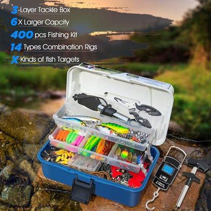 THKFISH 400PCS Fishing Lures Accessories Kit with Large 3-Layer Tackle Box Complete Freshwater Bass Fishing Gear Tools Set with Pliers, Fish Scale, Crankbait, Hooks, Weights Gift for Men - color: Blue