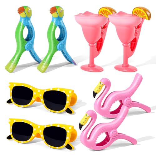 8 Pcs Towel Clips for Beach Chairs, Jumbo Size Beach Towel Clips Windproof Grip Secure Hang Towel Holder Clothes Pins Decorative Towel Clips for Pool, Cruise, Patio, Holiday Travel(Flamingo Style) - style: Style:Flamingo+Parrot+Sunglasses+Cocktail