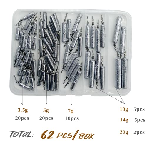 62Pcs/Box Lead Drop Shot Weights Kit (3/4oz, 1/2oz,1/4oz.3/8oz,1/5oz.1/8oz Mixed), Pencil Shaped Drop Shot Rig, No Snag Skinny Lead Sinker, Fishing Bass Rig Cylinder Saltwater Freshwater