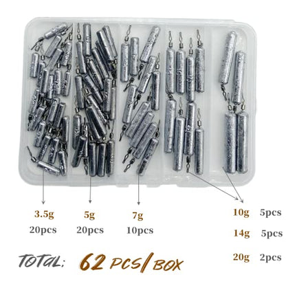 62Pcs/Box Lead Drop Shot Weights Kit (3/4oz, 1/2oz,1/4oz.3/8oz,1/5oz.1/8oz Mixed), Pencil Shaped Drop Shot Rig, No Snag Skinny Lead Sinker, Fishing Bass Rig Cylinder Saltwater Freshwater