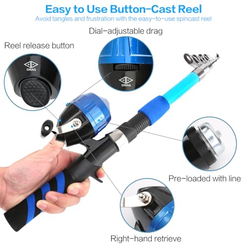 Collapsible Telescopic Fishing Rod and Reel Combo Push Button Small Fishing Pole Kit Beginner Youth Boys Fishing Starter Set Tackle - color: Pink+blue, size: 5.9FT