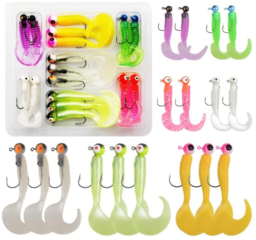 Soft Plastic Fishing Lure Jig Head Hook Kit,Grub Worm Lures Crappie Jigs Head Grub Tail Swimbait Tube Bait Jigs for Saltwater Freshwater, Trout Crappie Fishing - color: 17PCS Sets (2 Packs)