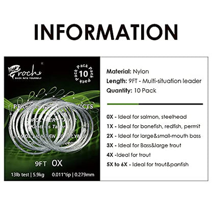 Fly Fishing Tapered Leader with Pre-Tied Loop 9FT Nylon Fly Line Leader (10 Pack) 0X 1X 2X 3X 4X 5X 6X - size: us 6x=china 7xl