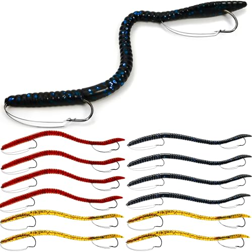 Fishing Lures Bass Lures, Weedless Pre Rigged Bionic Sinking Bass Fishing Lure Soft Plastic Swimbaits for Trout, Walleye, Crappie, Fishing Worm Swim Baits Minnows for Saltwater Freshwater - color: A5-12PCS-Pumpkin Seed, Black Blue, Chocolate