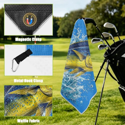 Fish Blue Microfiber Golf Towel for Golf Bags Magnetic with Clip | Golf Essentials for Women Men Attaches to Carts and Clubs 17.7"x17.7"
