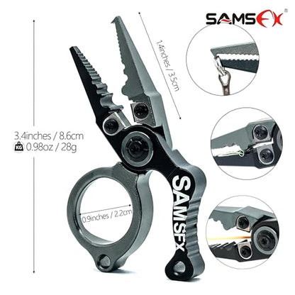 SAMSFX Mini Fishing Pliers with Fly Fishing Zinger Retractor, Fish Hook Remover Tool, Split Ring Pliers for Saltwater & Freshwater, Tungsten Carbide Cutters, Fishing Gear Gift for Anglers - color: Silvery