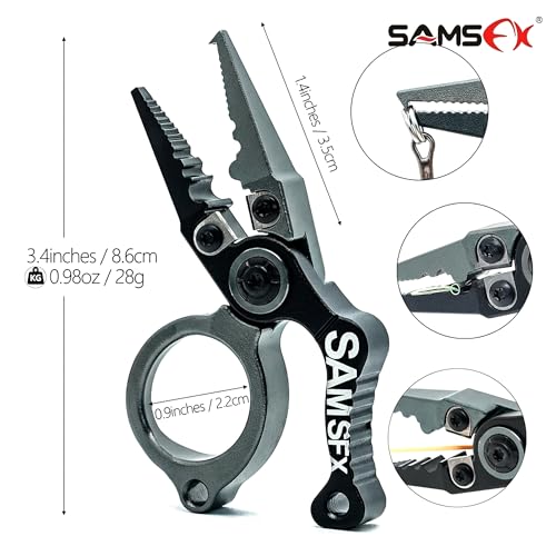 SAMSFX Mini Fishing Pliers with Fly Fishing Zinger Retractor, Fish Hook Remover Tool, Split Ring Pliers for Saltwater & Freshwater, Tungsten Carbide Cutters, Fishing Gear Gift for Anglers - color: Silvery