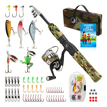 Kid’s Fishing Pole Kit with Spinning Reel - 62 Piece Tackle Bag, 4lb Line - Including Beginner’s Guide eBook - Toddler Fishing Pole Combo - Youth Telescopic Portable Rod - Kids Fishing Gear