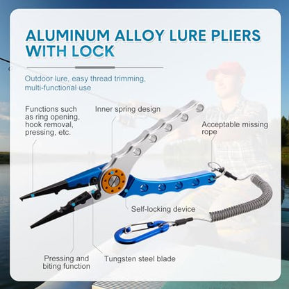 Lasnten 2 Pcs Fishing Pliers Saltwater Braid Cutters 7.8 Inch Fishing Hook Remover Split Ring Fishing Tools with Sheath and Lanyard Gear Gifts for Fish Line Cutting Boat Fly Ice Fishing Accessories - color: Blue, Silver