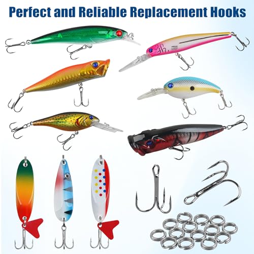 Fishing Treble Hooks Kit,160pcs High Carbon Steel Treble Hooks Strong Sharp Round Bend with Split Rings for Lures Baits Saltwater Freshwater Fishing Size 2# 4# 6# 8# 10# - color: Black Treble Hook Kit