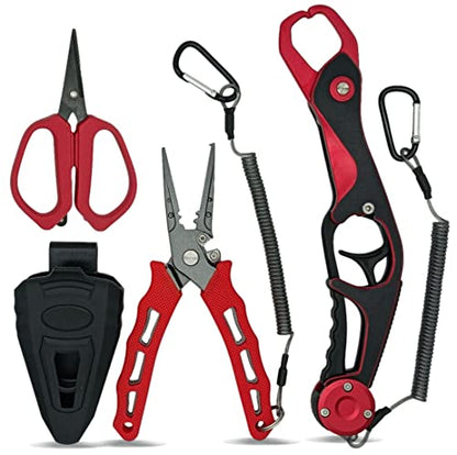 EDSTAR Fishing Pliers,Fish Lip Grippers with Missing Rope,Braid Scissors, Fishing Tools Set, Fishing Gifts for Men - color: 1# Red set