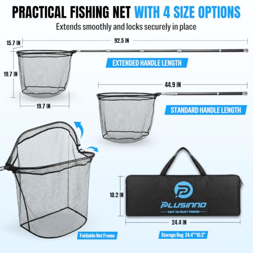 PLUSINNO Large Fishing Net, 3.4-7.7 FT Carbon Fiber Fish Net with Long Telescoping Handle, Kayak Fishing Gear Accessories Foldable Landing Net for Bass, Trout, Catfish, Fishing Gifts for Men Father - size: 7.7 FT ( 92.5") Full Length