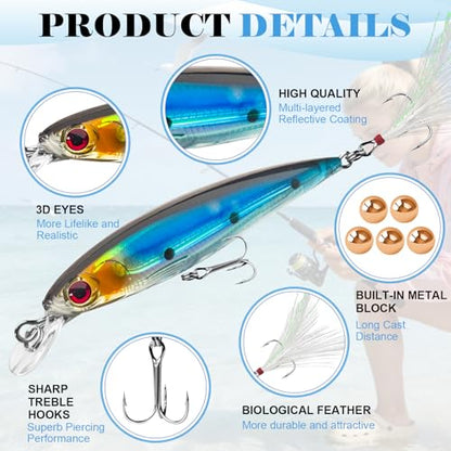 Floating Minnow Fishing Lures with Feathered Treble Hooks, 3D Lifelike Eyes & Holographic Finish, Topwater Hard Baits for Bass, Redfish, Freshwater & Inshore Saltwater Fishing, 3 Pack (A) - color: A-3.6inch/0.24oz/3pcs
