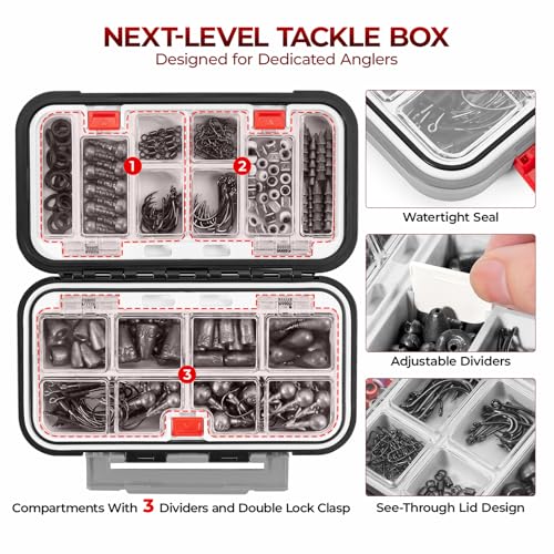 MadBite by KastKing 182/265/400pcs Compact Fishing Tackle Kit - All-in-One Freshwater Hooks, Weights, Bobbers in Tackle Box, Fishing Gear Set for Bass Trout Panfish - style: 265pcs Terminal Tackle Kit