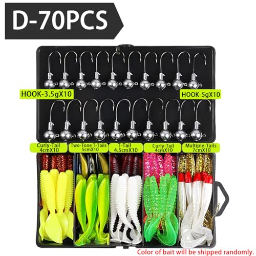 Fishing Lure Kit, 45PCS Tackle Box with Soft Plastic Baits, Spinnerbaits, Jig Heads, Topwater Lures, Fishing Gear Accessories Kit for Bass Trout Walleye Freshwater Saltwater - style: D-70pcs
