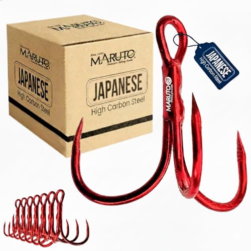 Maruto Barbless Treble Fishing Hooks, Sharp and Strong Japanese High Carbon Steel, Sizes #1 to #8, Available in Black & Red