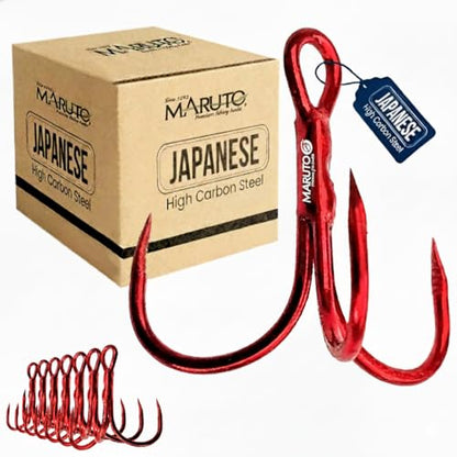 Maruto Barbless Treble Fishing Hooks, Sharp and Strong Japanese High Carbon Steel, Sizes #1 to #8, Available in Black & Red