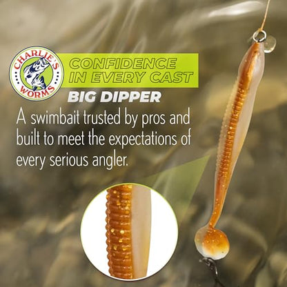 Charlie's Worms Big Dipper Scented Soft Bait for Freshwater & Saltwater Fishing, Paddle Tail Swimbait Lures, Plastic Minnows, Bass, Walleye, Trout, Snakehead, with Variety of Colors (5 Pack) - color: Neon Black Red Glitter