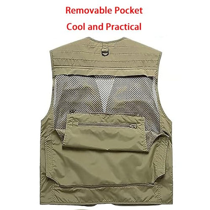 Saukiee Mens Vest Lightweight Vest Men Fishing Travel Work Pesca Safari Combat Hunting Cargo Vest Jacket with Pockets M - color: Khaki, size: Large