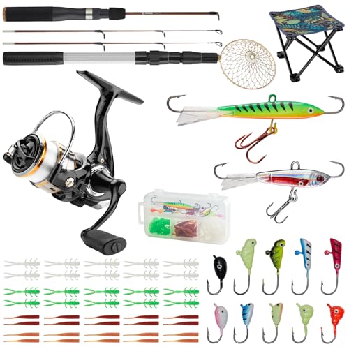 Gonex Ice Fishing Rod Reel Combo Medium Light Carbon Fiber Fiberglass Portable Complete Kit Include Skimmer Spare Rod Spinning Ice Fishing Reel Ice Jig Folding Stool for Winter Fishing - size: 30in, Medium Light
