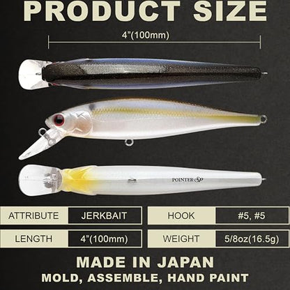 LUCKY CRAFT Pointer 100SP, Jerkbait Side by Side Action Tournament Winning Perfect Wobbling Freshwater Lake Bass Fishing Champion Bait - color: 183 Pearl Threadfin Shad